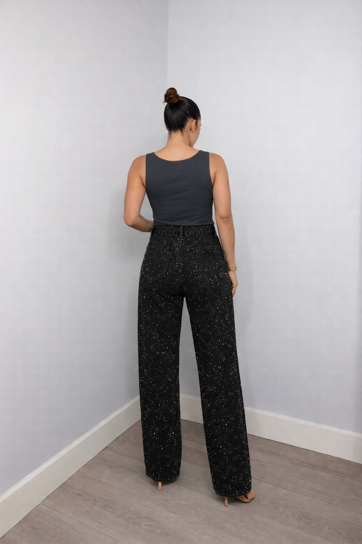Jean Femme Taille Haute Coupe Droite – Extensible Détail Pailleté Structure