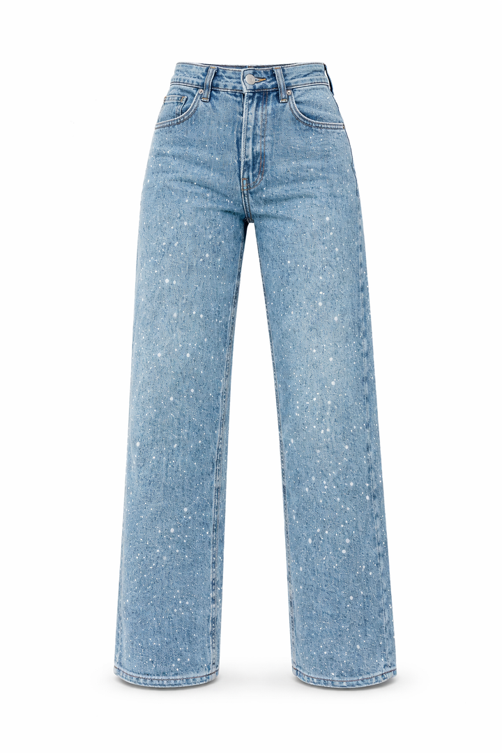 Jean Femme Taille Haute Coupe Droite – Extensible Détail Pailleté Structure