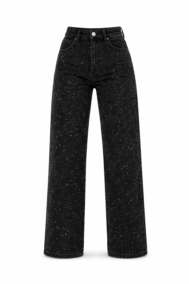 Jean Femme Taille Haute Coupe Droite – Extensible Détail Pailleté Structure