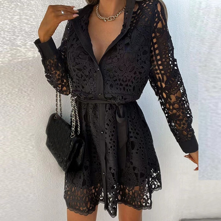 Robe Mini Chemise Femme en Dentelle – Boutonnée Ceinturée Coupe A-Line