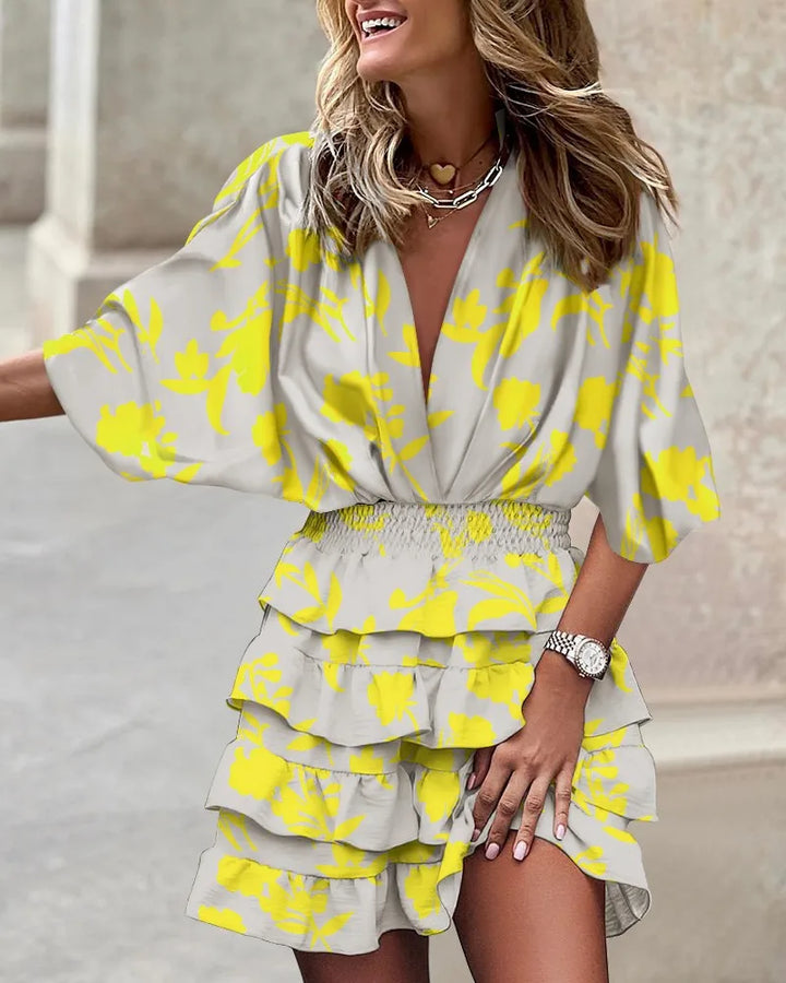 Mini-Robe Bohème Femme en Tissu Léger – Col V Manches Chauve-Souris