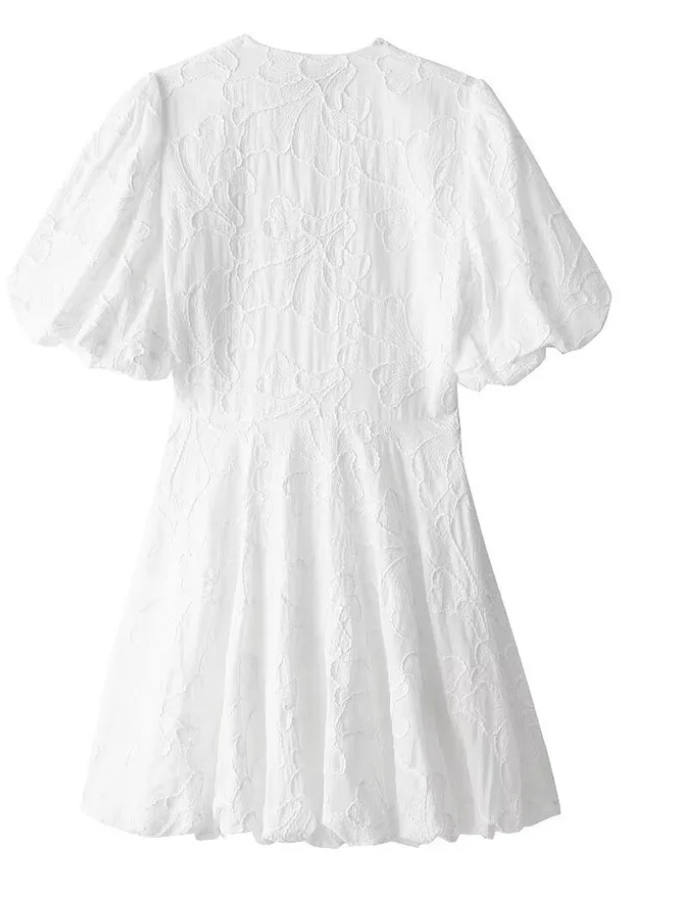 Robe Mini Brodée Blanche en Coton pour Femme – Manches Bouffantes Coupe Évasée