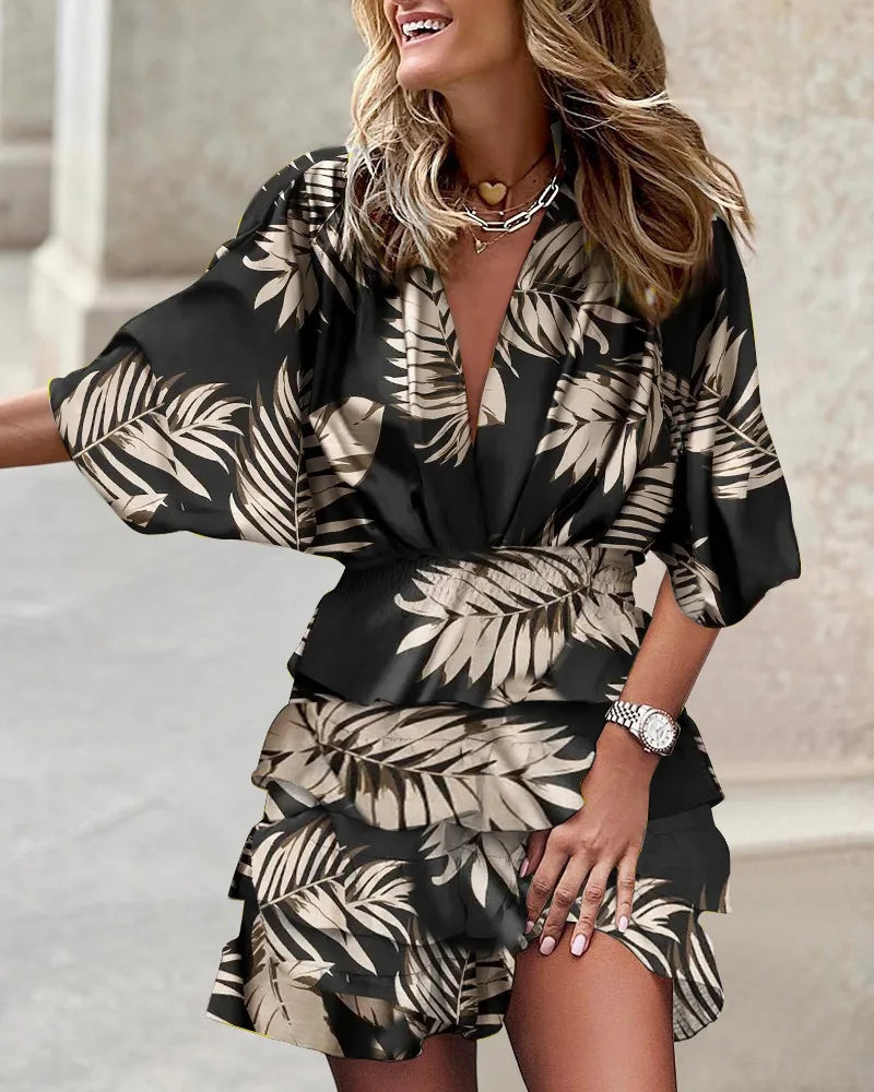 Mini-Robe Bohème Femme en Tissu Léger – Col V Manches Chauve-Souris
