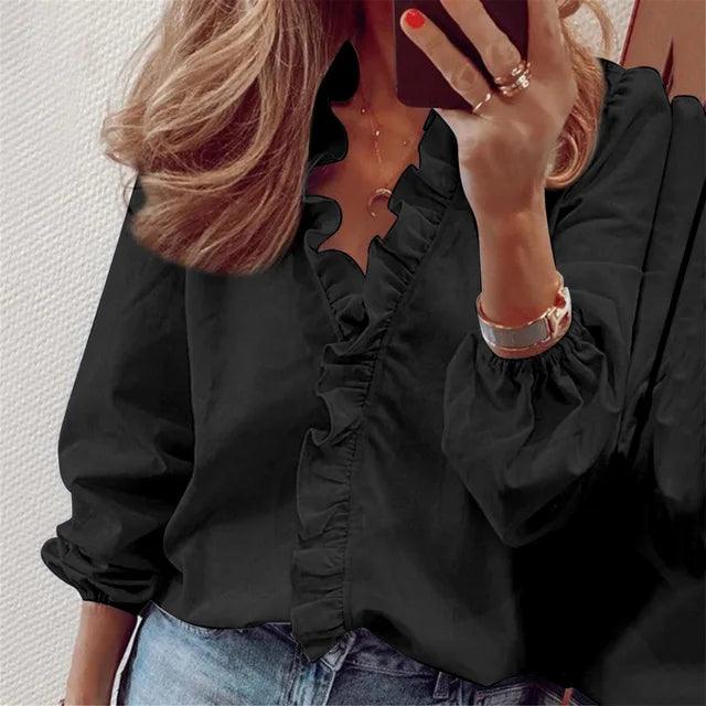 Blouse Femme à Volants – Col V Léger à Manches Longues