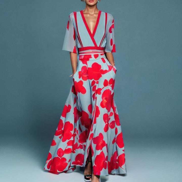 Women's A-line maxi dress with floral print – V-neck, fitted waist