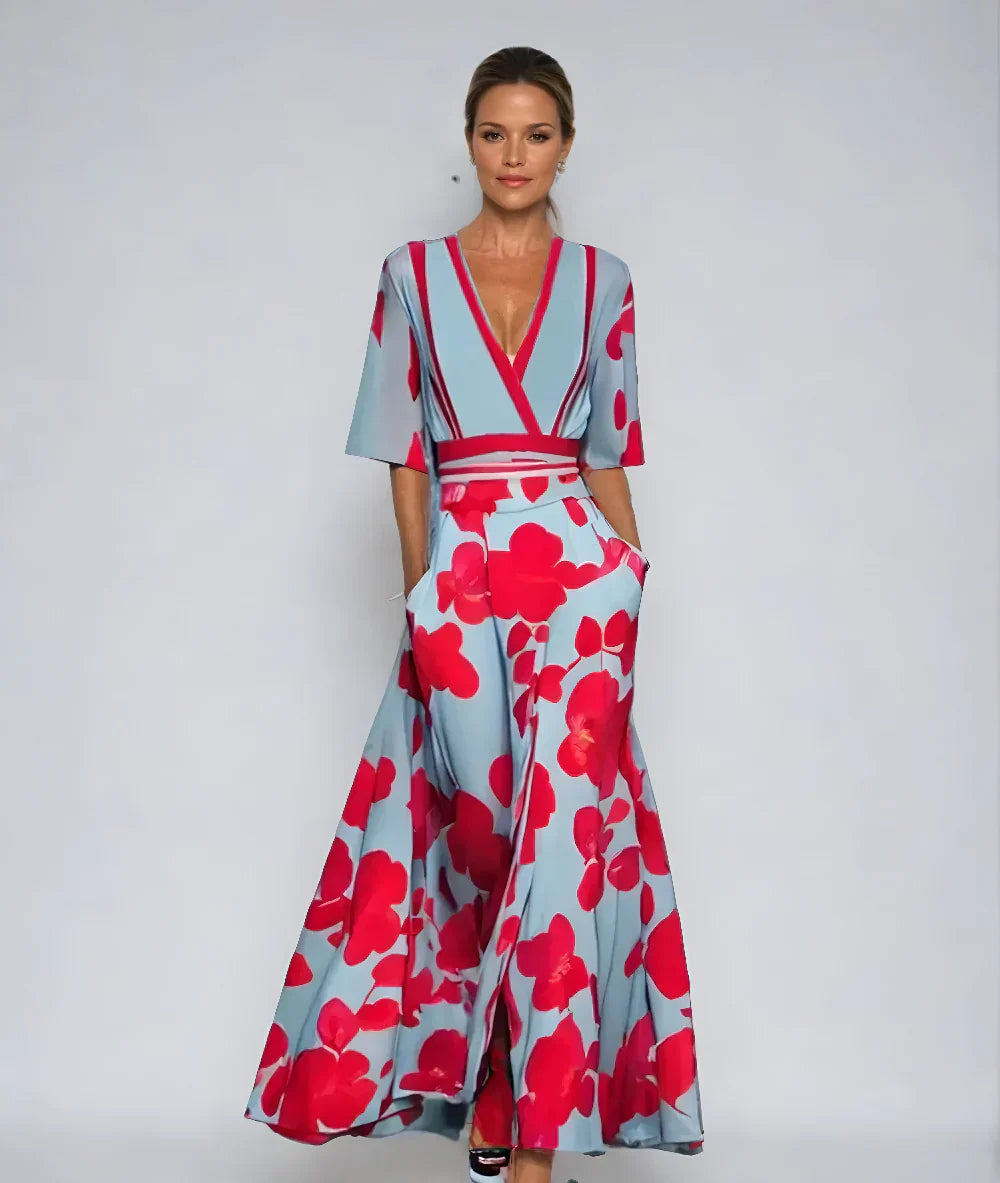 Women's A-line maxi dress with floral print – V-neck, fitted waist