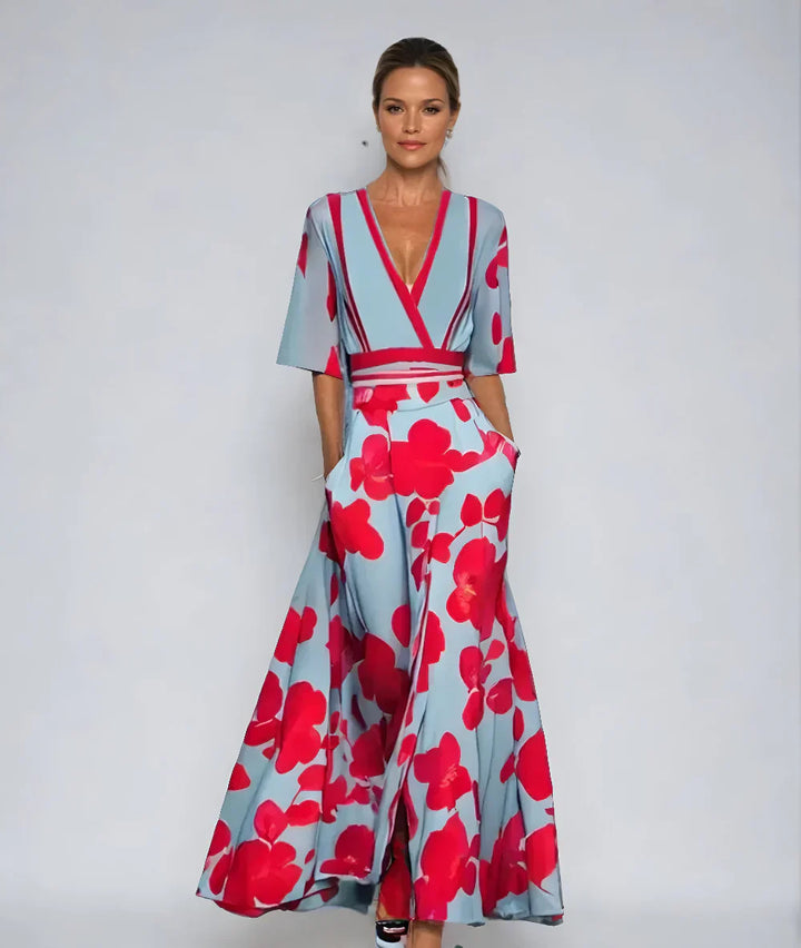 Women's A-line maxi dress with floral print – V-neck, fitted waist
