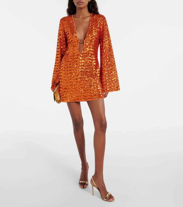 Robe Mini Femme à Sequins et Col V – Design Ajusté à Manches Amples