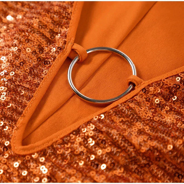 Robe Mini Femme à Sequins et Col V – Design Ajusté à Manches Amples