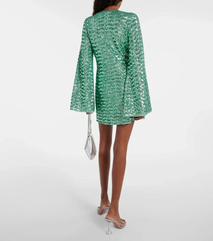 Robe Mini Femme à Sequins et Col V – Design Ajusté à Manches Amples