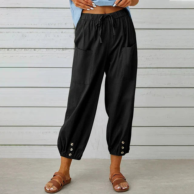 Pantalon Taille Haute Femme en Lin – Silhouette Cropped Décontractée à Cordon de Serrage