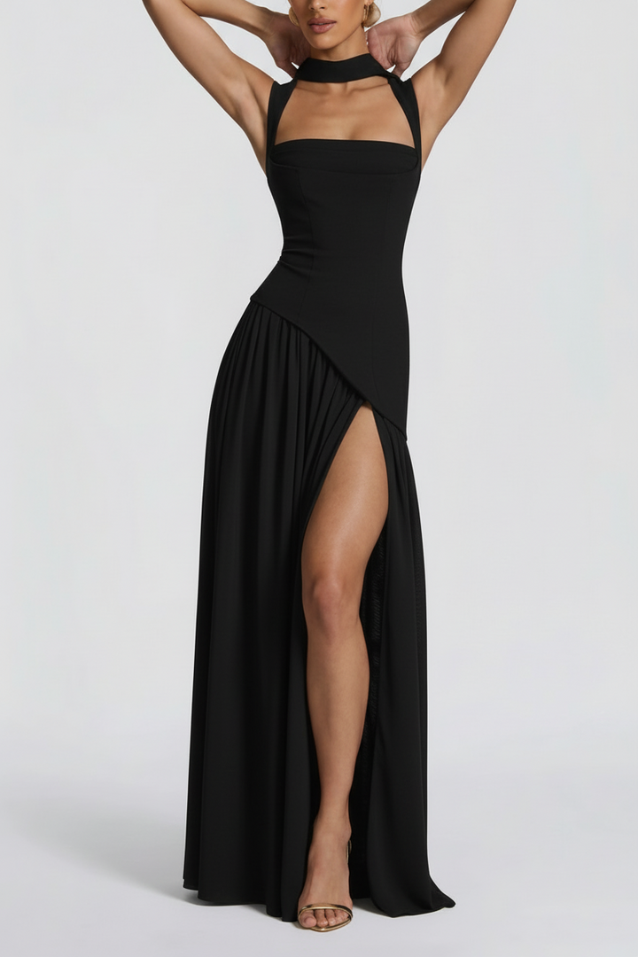 Robe Maxi Femme Noire Col Halter – Fente Haute Jupe Plissée