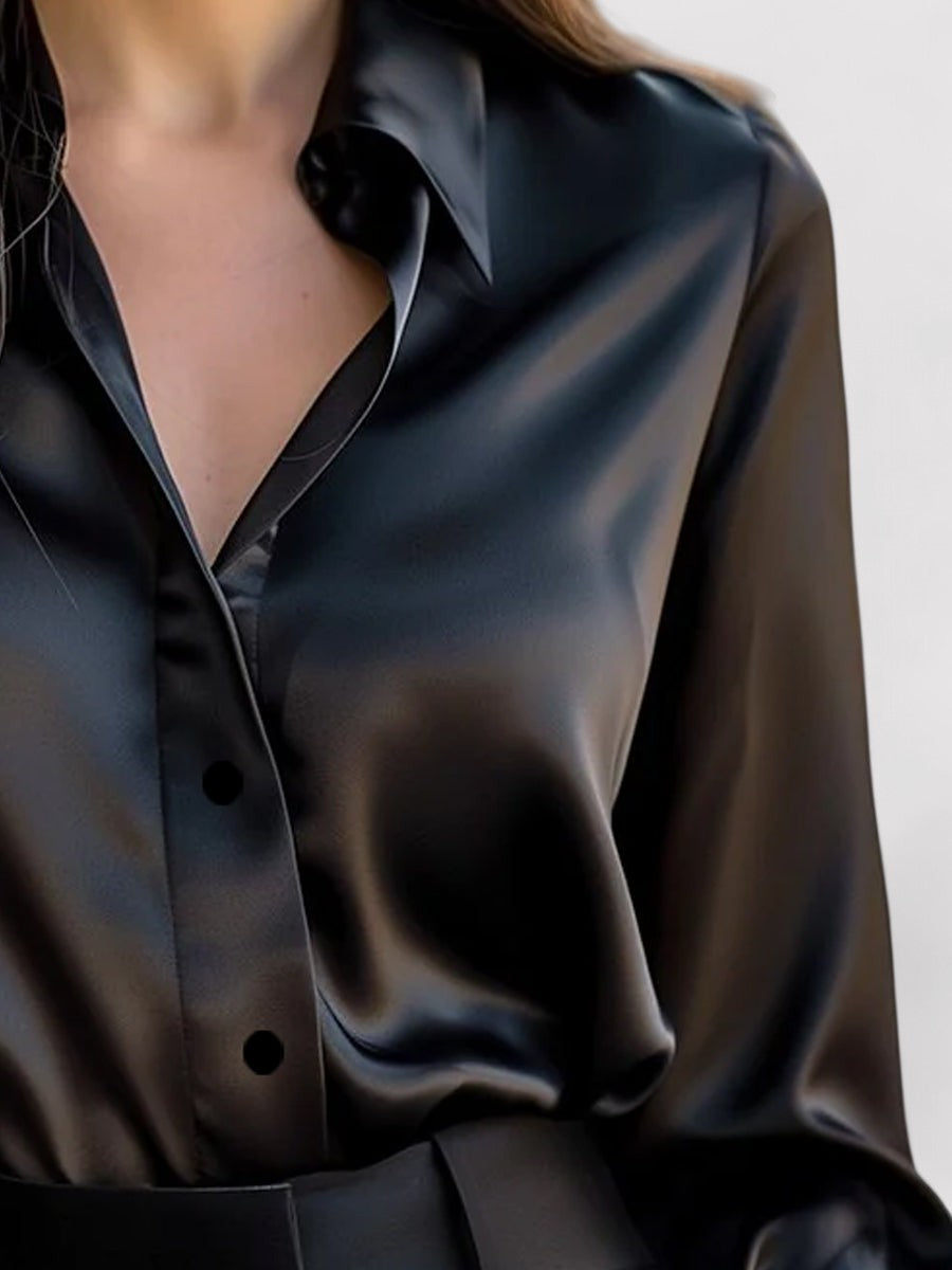 Women's Long-Sleeve Satin Blouse – Relaxed Fit, Button-Down