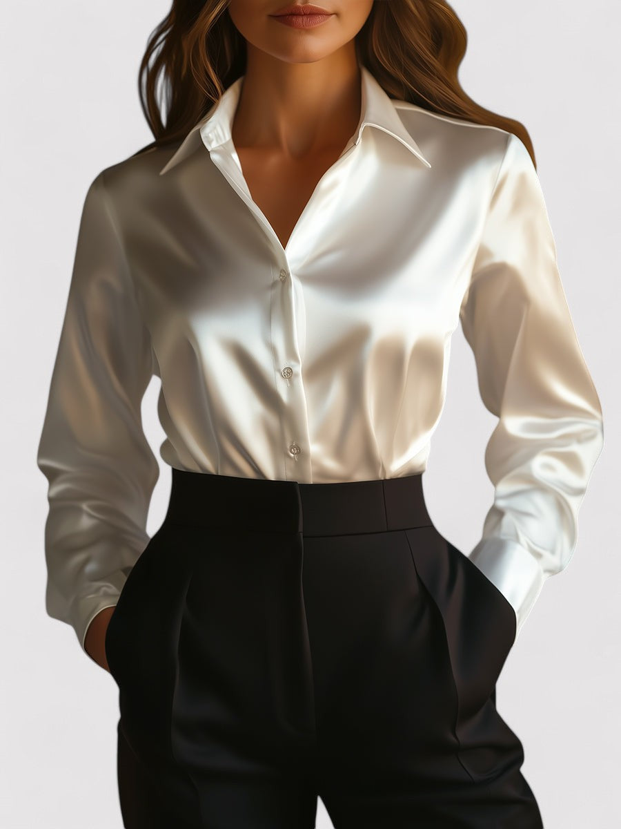Women's Long-Sleeve Satin Blouse – Relaxed Fit, Button-Down