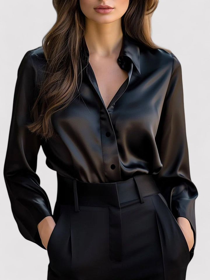 Women's Long-Sleeve Satin Blouse – Relaxed Fit, Button-Down
