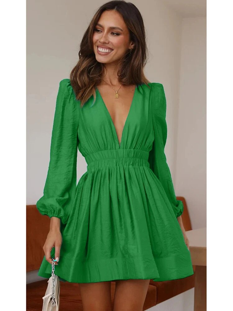 Robe Mini Femme à Volants – Manches Longues Col V Ourlet Volanté