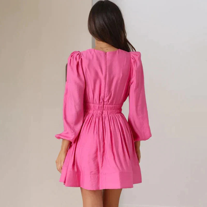 Robe Mini Femme à Volants – Manches Longues Col V Ourlet Volanté