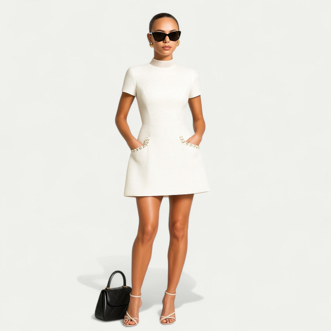 Robe Mini Texturée Femme – Manches Courtes Coupe Structurée