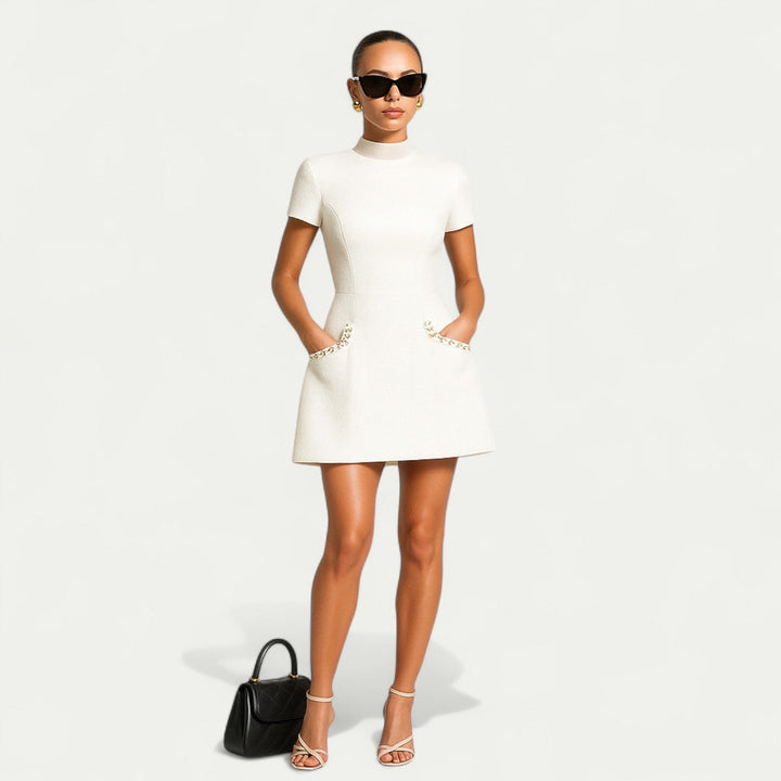Robe Mini Texturée Femme – Manches Courtes Coupe Structurée