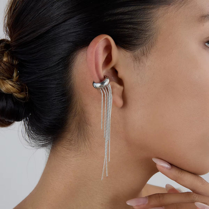Ear cuff femme en acier inoxydable à pampilles – Longue chute statement