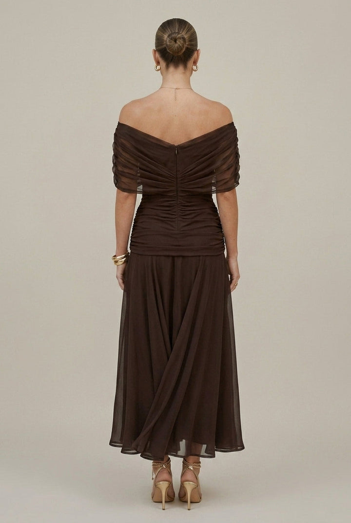 Maxikleid aus Chiffon für Damen – schulterfrei, geraffter Bund, fließender Schnitt