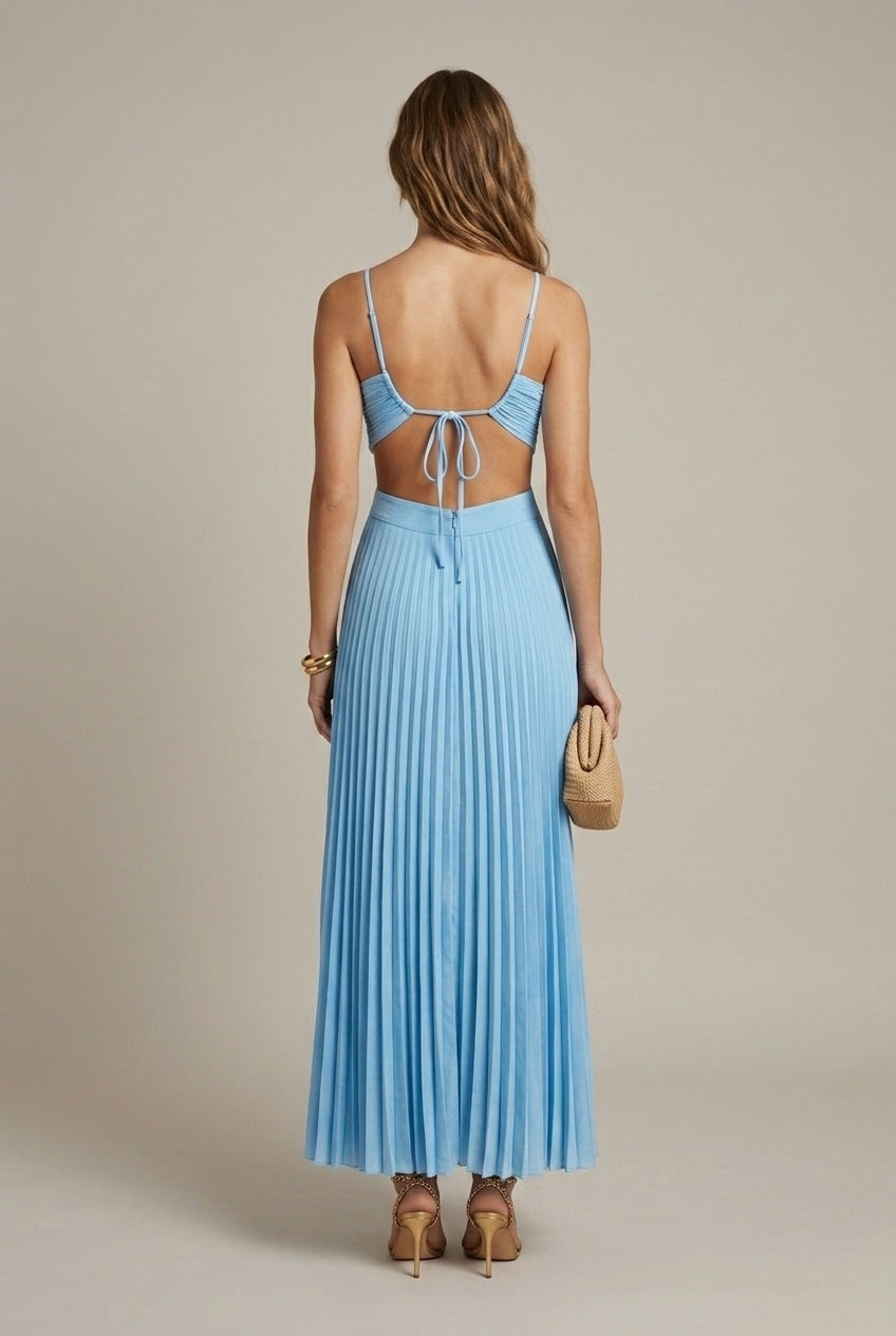 Women's Pleated Halter-Neck Maxi Dress – Cut-Out Knot Back