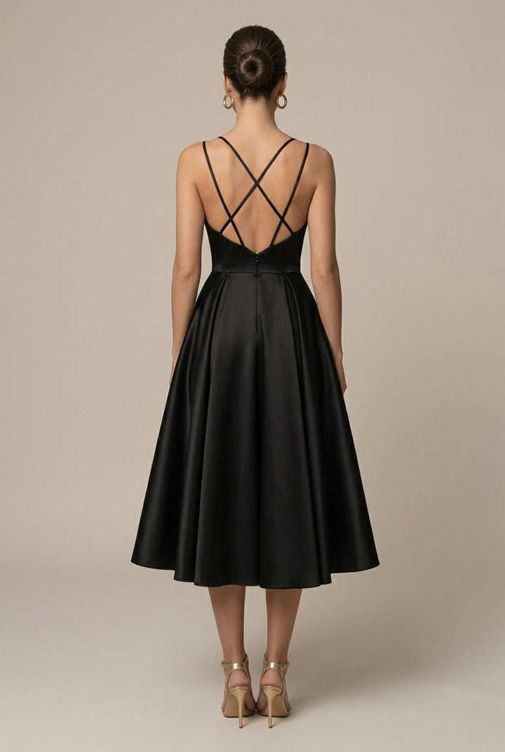 Damen-Midi-Kleid im A-Linien-Schnitt – V-Ausschnitt, doppelte Träger, ausgestellter Rock