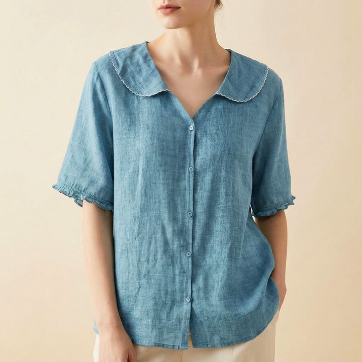 Blouse Femme à Col Claudine en Lin – Coupe Décontractée à Manches Courtes