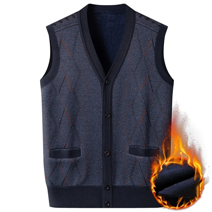Men's V-Neck Sweater with Fleece Lining – Button Closure