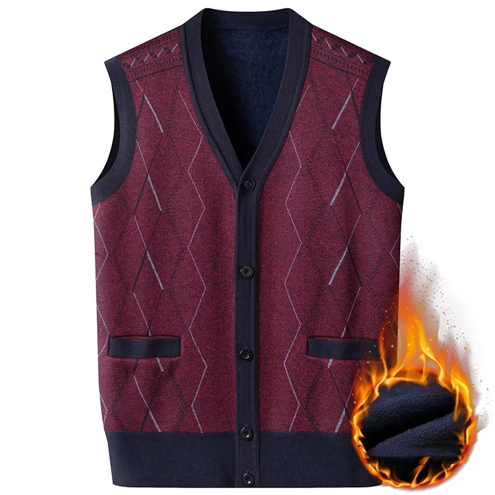Men's V-Neck Sweater with Fleece Lining – Button Closure