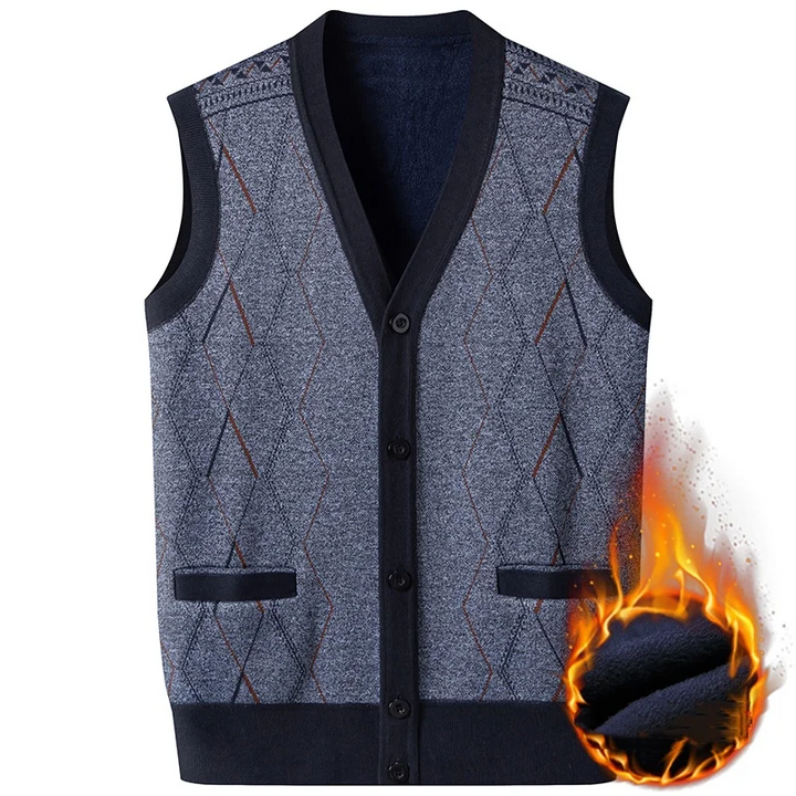 Men's V-Neck Sweater with Fleece Lining – Button Closure