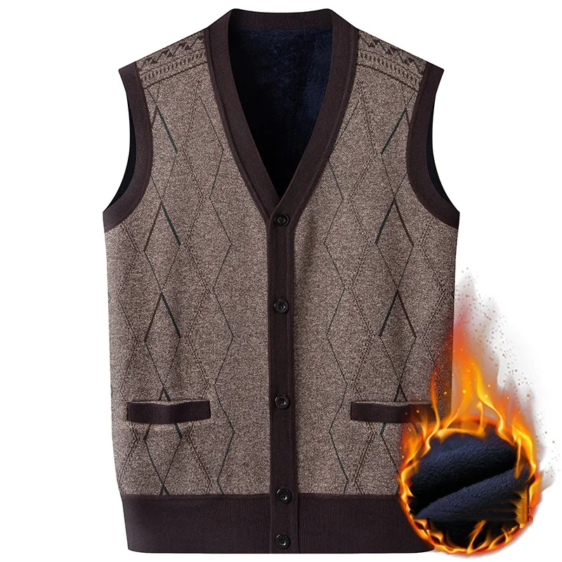 Men's V-Neck Sweater with Fleece Lining – Button Closure