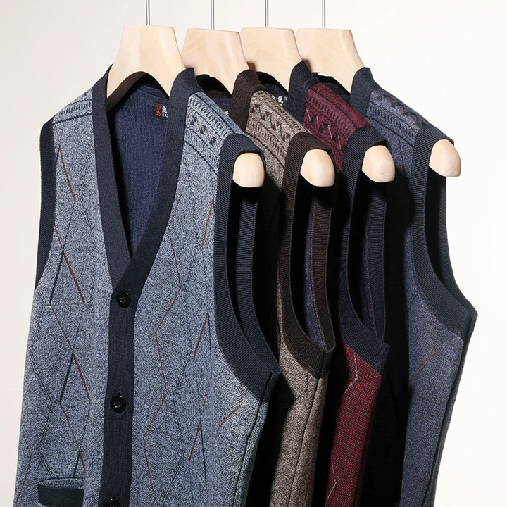 Men's V-Neck Sweater with Fleece Lining – Button Closure