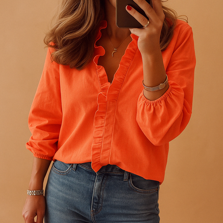 Blouse Femme Col V à Volants – Manches Longues Coupe Féminine Décontractée