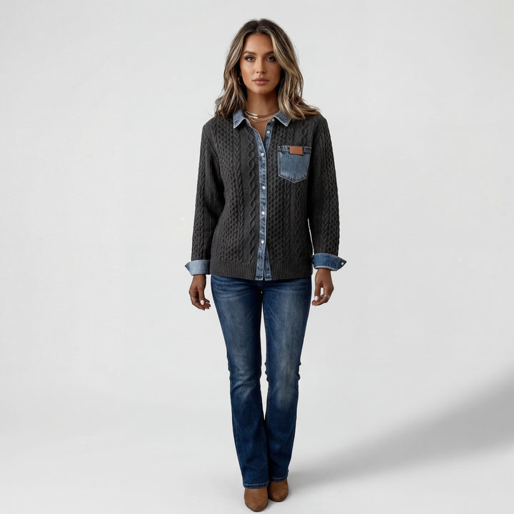 Chemise Patchwork Denim Maille pour Femme – Boutonnée Coupe Décontractée