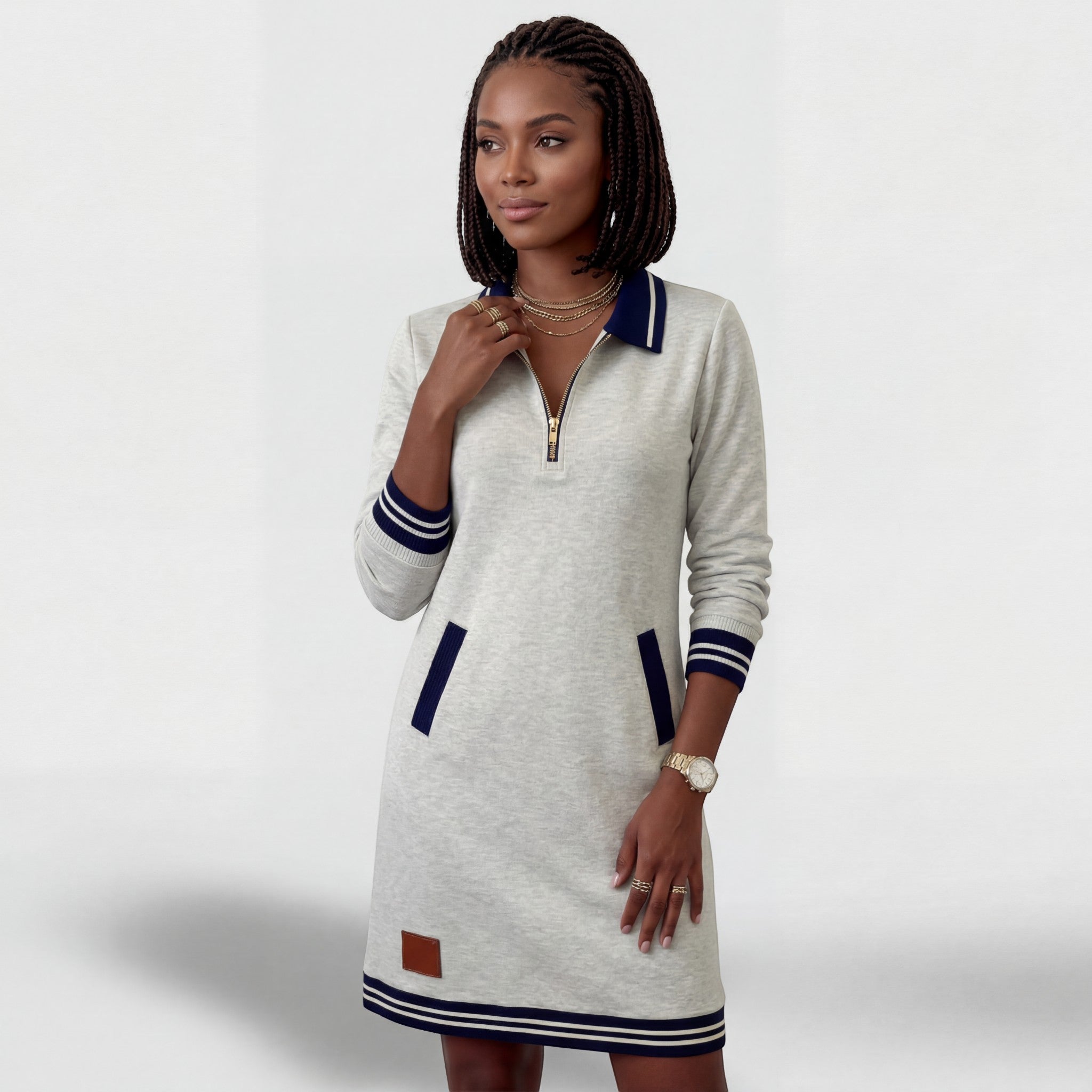 Sporty Minikjole til Kvinder med Lynlåshals – Lange Ærmer | Bomuldsblanding
