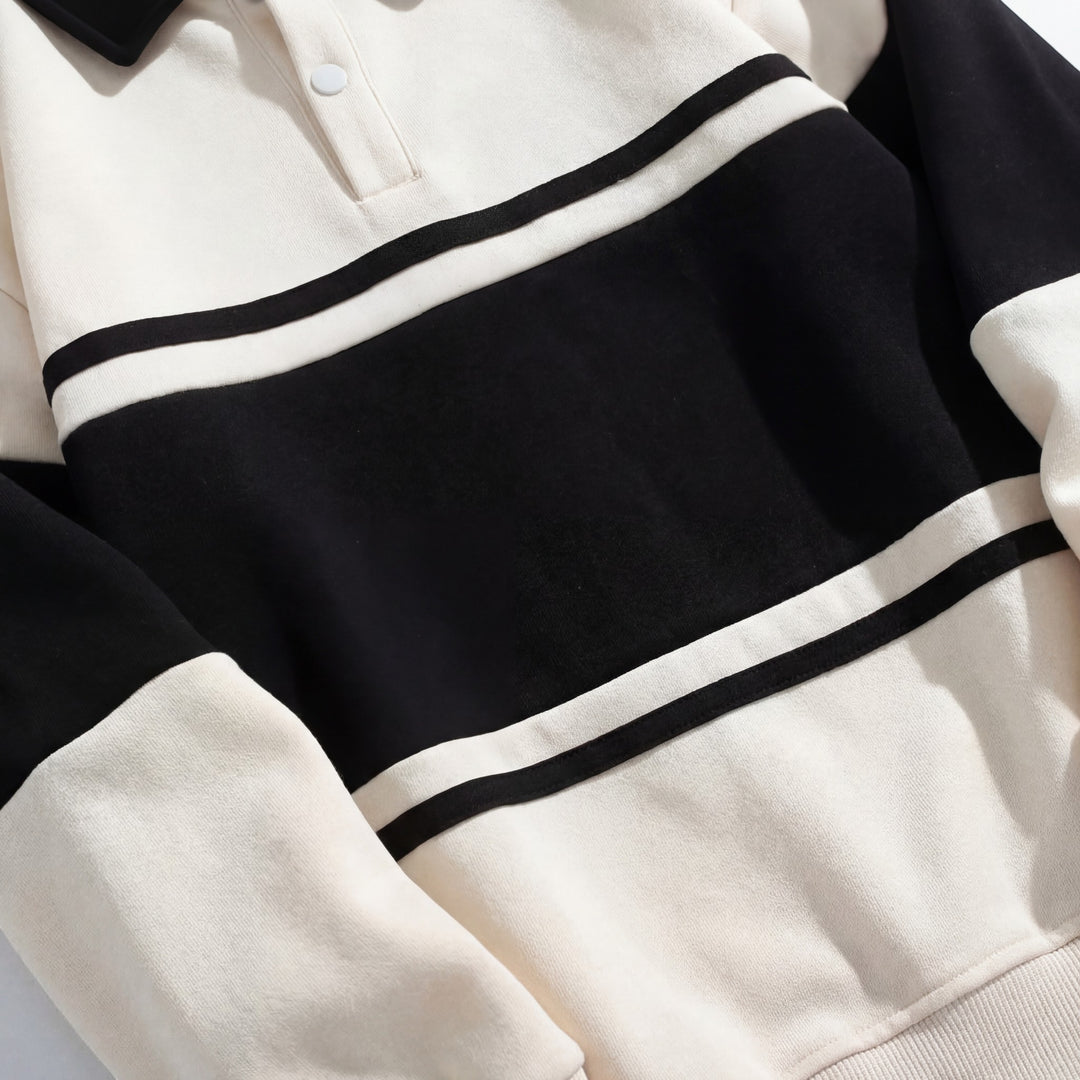 Herre-sweatshirt i bomuldsblanding – stribet mønster, løs pasform, polo-krave