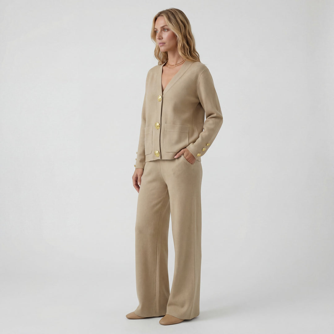 Women's Acrylic Knit Cardigan and Pants Set – Relaxed Fit, Button-Down Style
