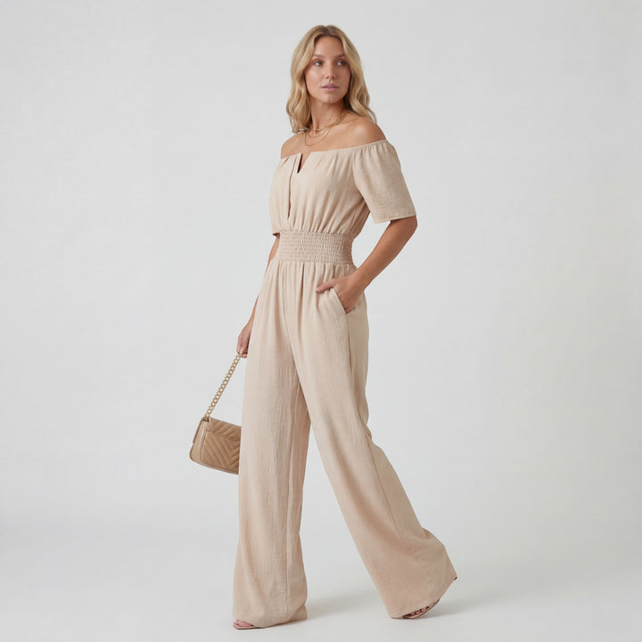 Combinaison Femme Épaules Dénudées Jambe Large – Coupe Décontractée | Drapé Léger Tissé