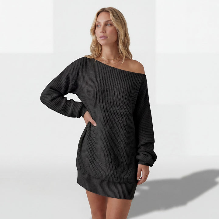 Women's Textured Knit Sweater Dress – Off-the-Shoulder Mini Dress