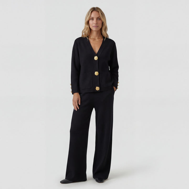 Women's Acrylic Knit Cardigan and Pants Set – Relaxed Fit, Button-Down Style
