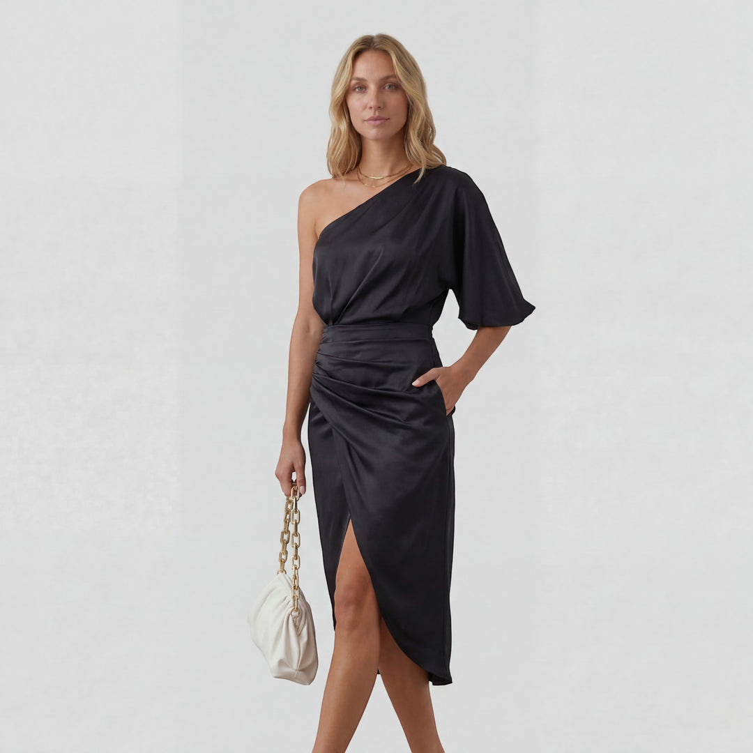 Asymmetrisches, einseitiges Abendkleid für Damen – schmaler Midi-Schnitt mit Schlitz | Baumwollmischung