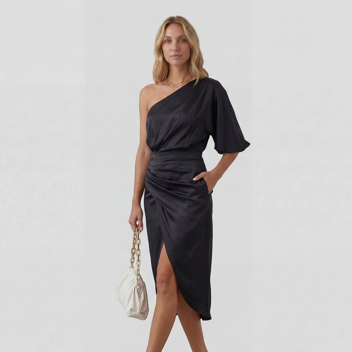 Asymmetrisches, einseitiges Abendkleid für Damen – schmaler Midi-Schnitt mit Schlitz | Baumwollmischung