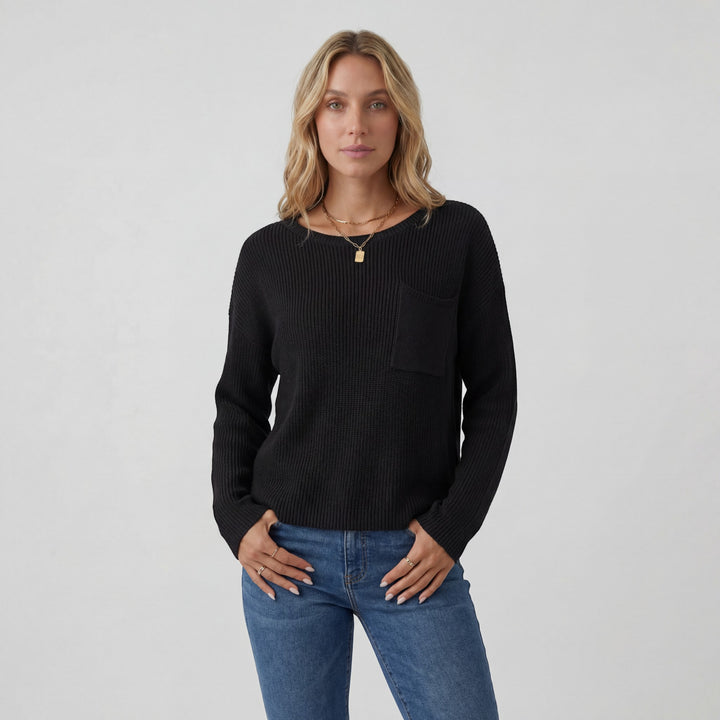 Women's Round-Neck Knit Sweater – Relaxed Fit with Chest Pocket | Ribbed Knit