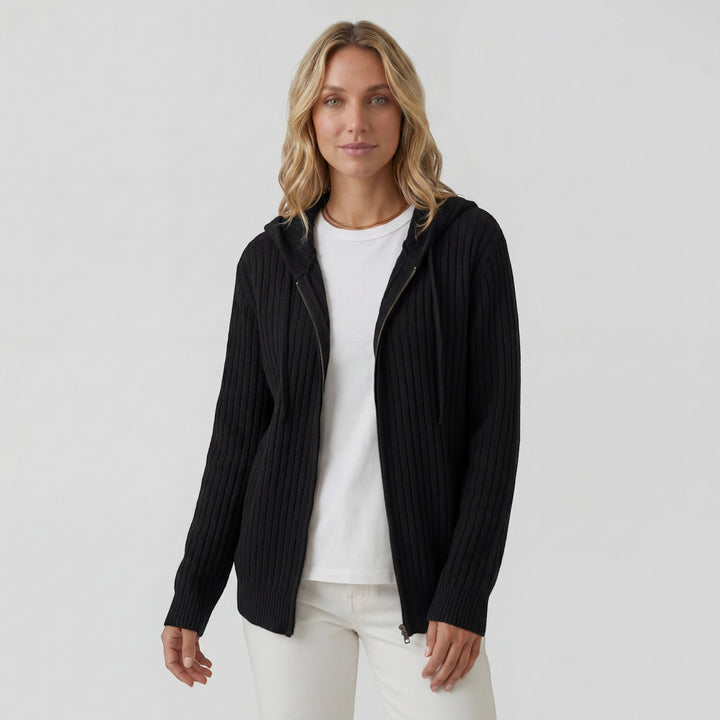 Cardigan Femme Maille Côtelée – Zip à Capuche Coupe Ample Décontractée