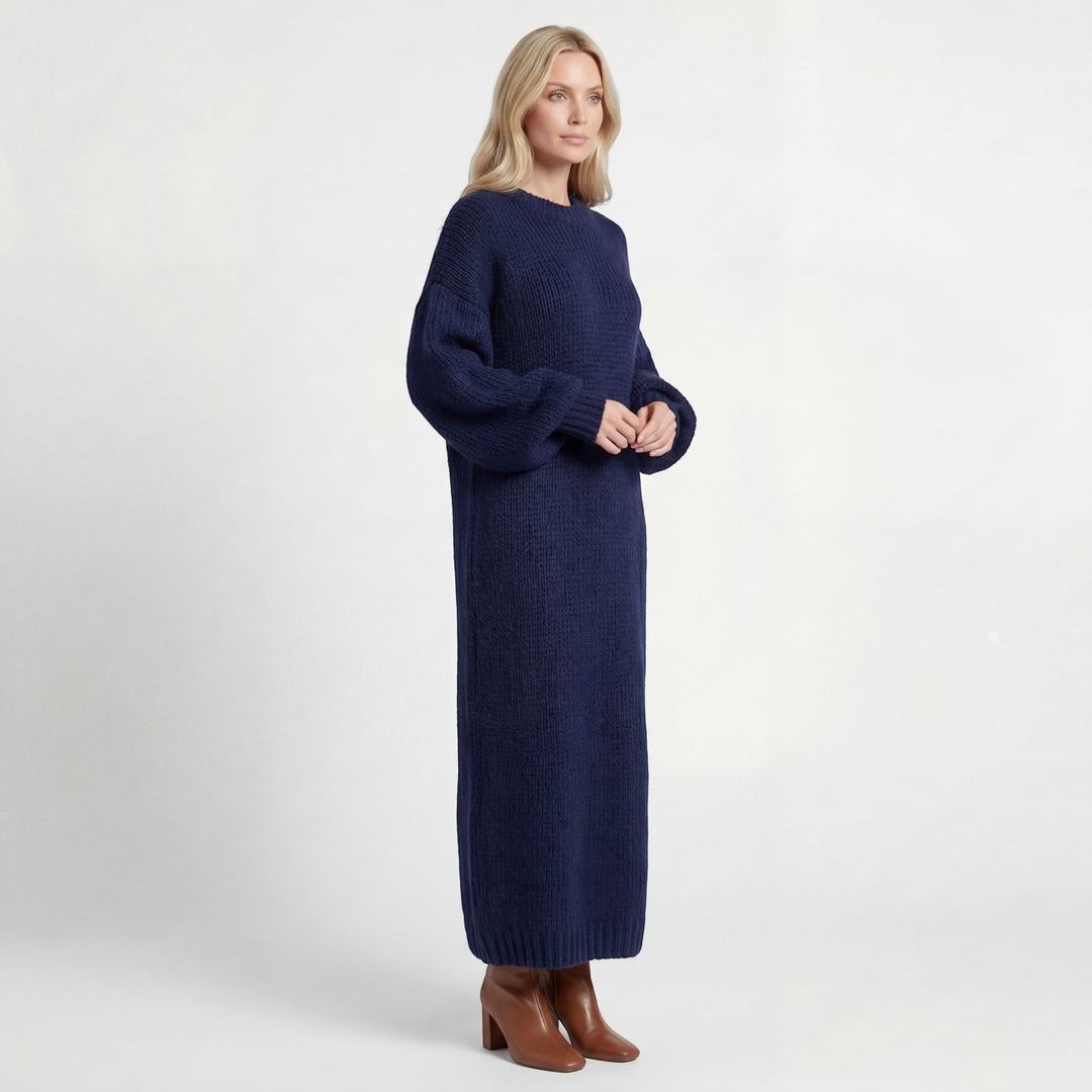 Robe Pull Femme Col Rond – Coupe Ample Manches Lanternes | Maille Mélange de Laine