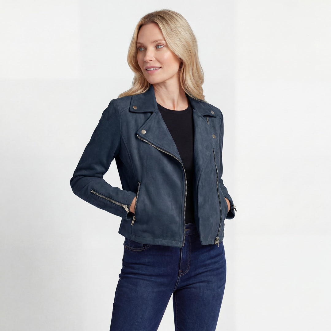Women's Zipper-Front Motorcycle-Style Jacket – Diagonal Zipper with Flap | Cotton Blend
