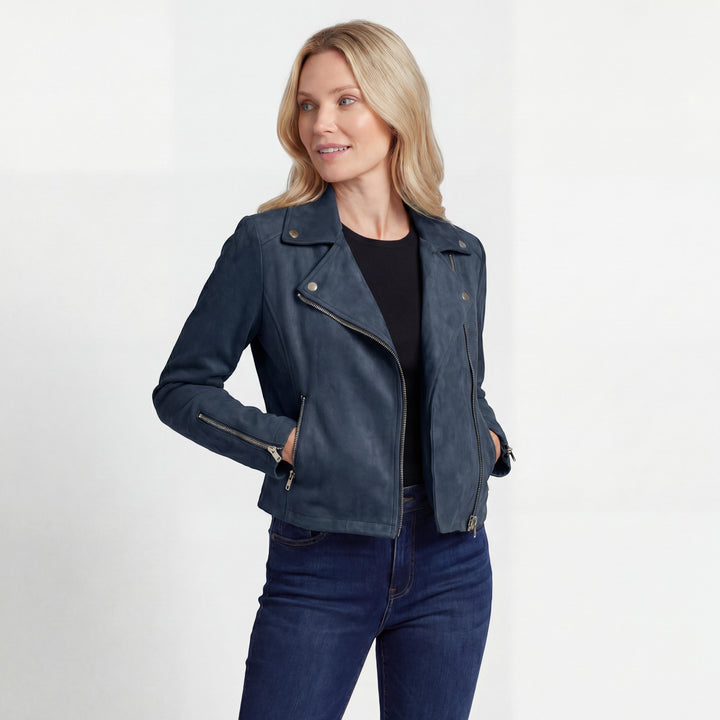 Women's Zipper-Front Motorcycle-Style Jacket – Diagonal Zipper with Flap | Cotton Blend
