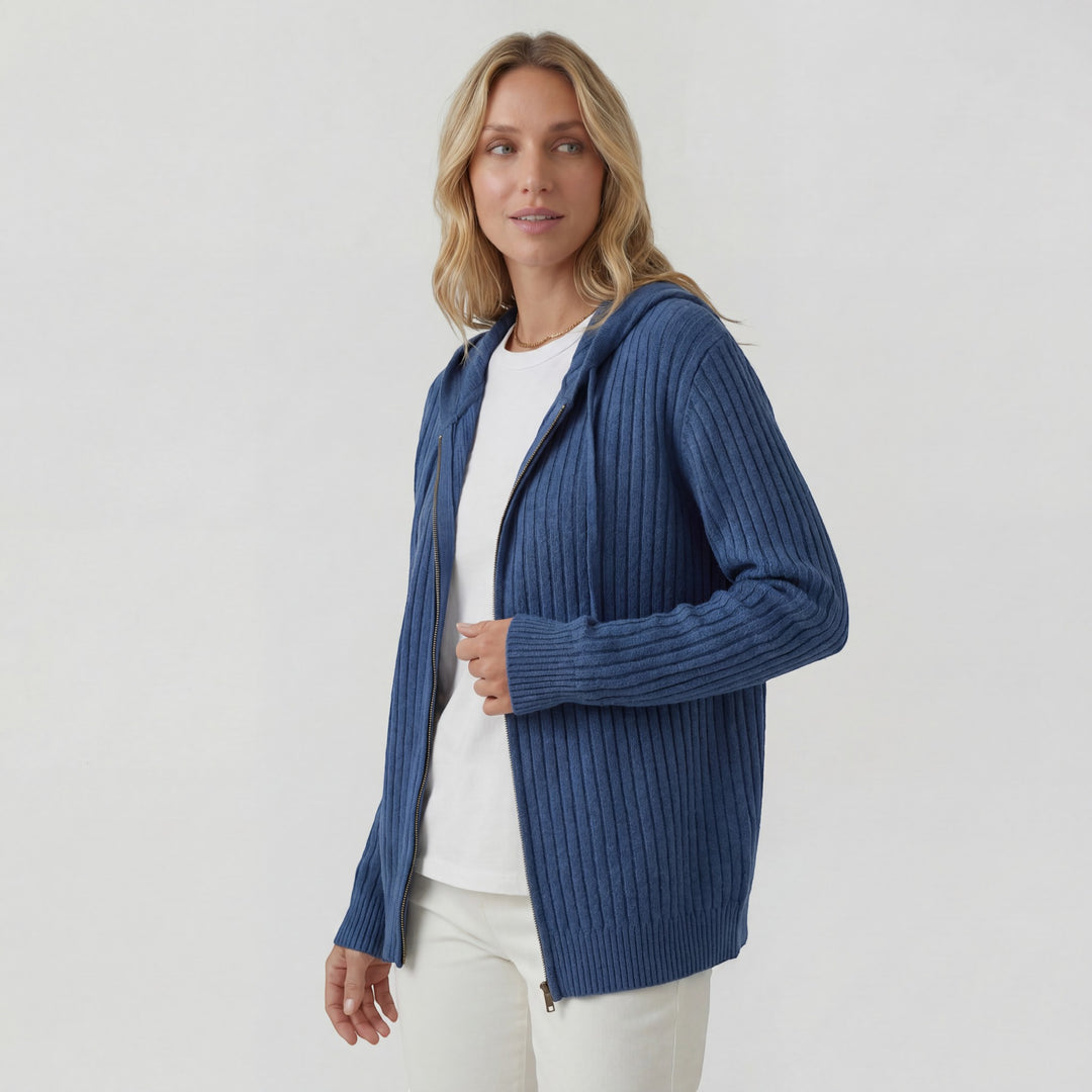 Cardigan Femme Maille Côtelée – Zip à Capuche Coupe Ample Décontractée