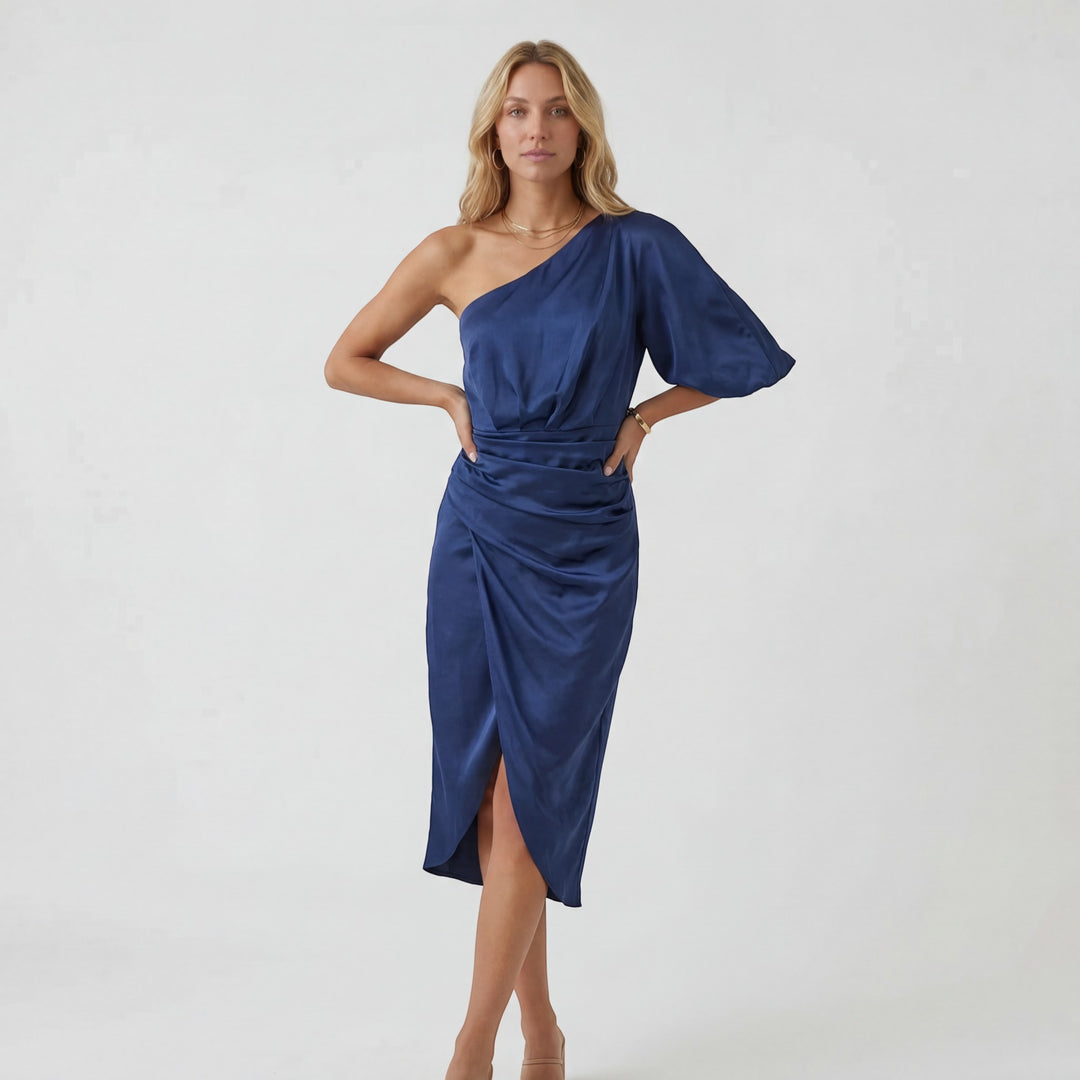 Asymmetrisches, einseitiges Abendkleid für Damen – schmaler Midi-Schnitt mit Schlitz | Baumwollmischung